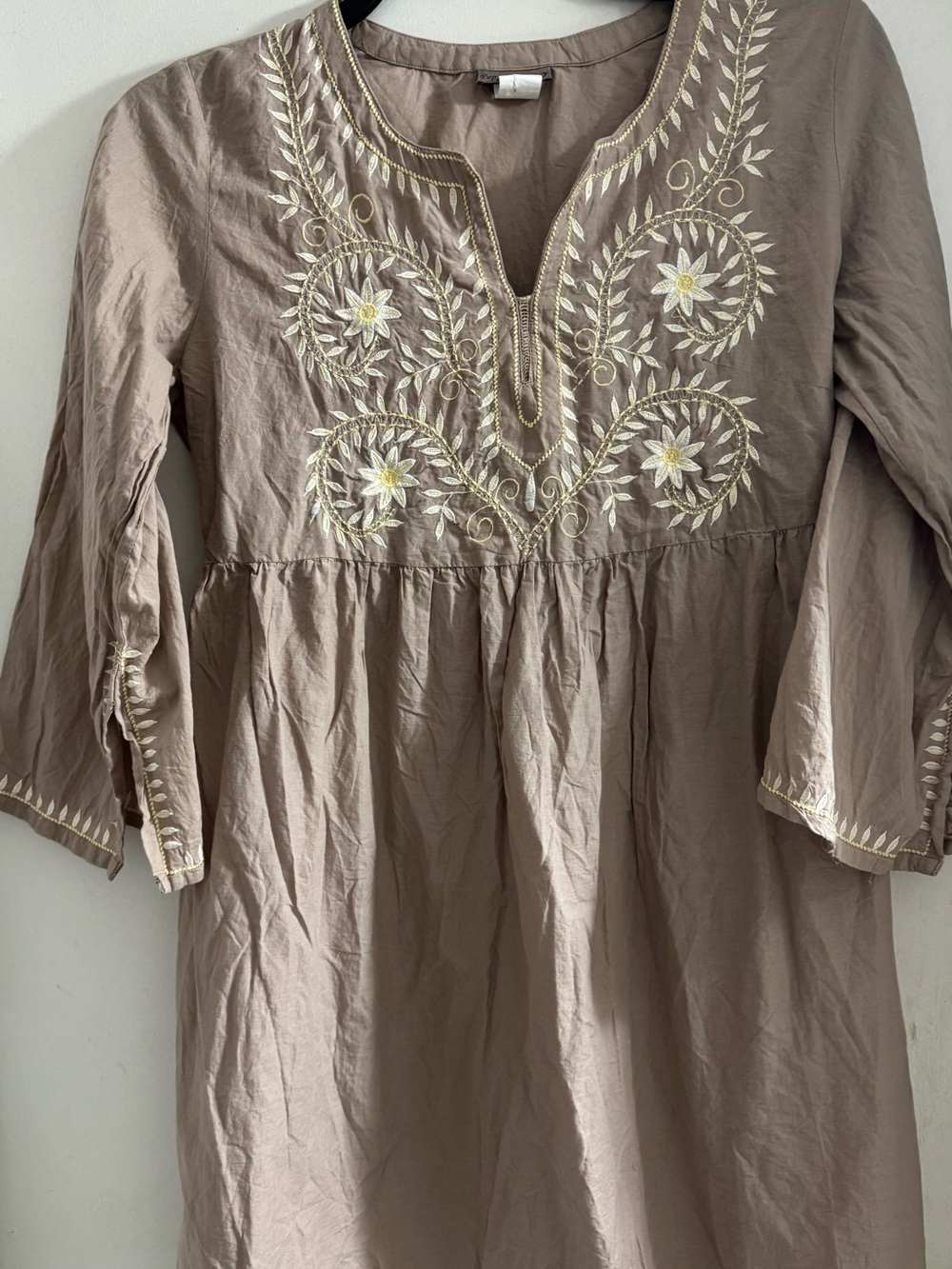 Peppermint Bay Women’s Embroidered Taupe Dress with Cream Floral Detail